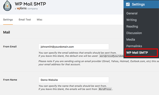 WP-Mail-SMTP Settings